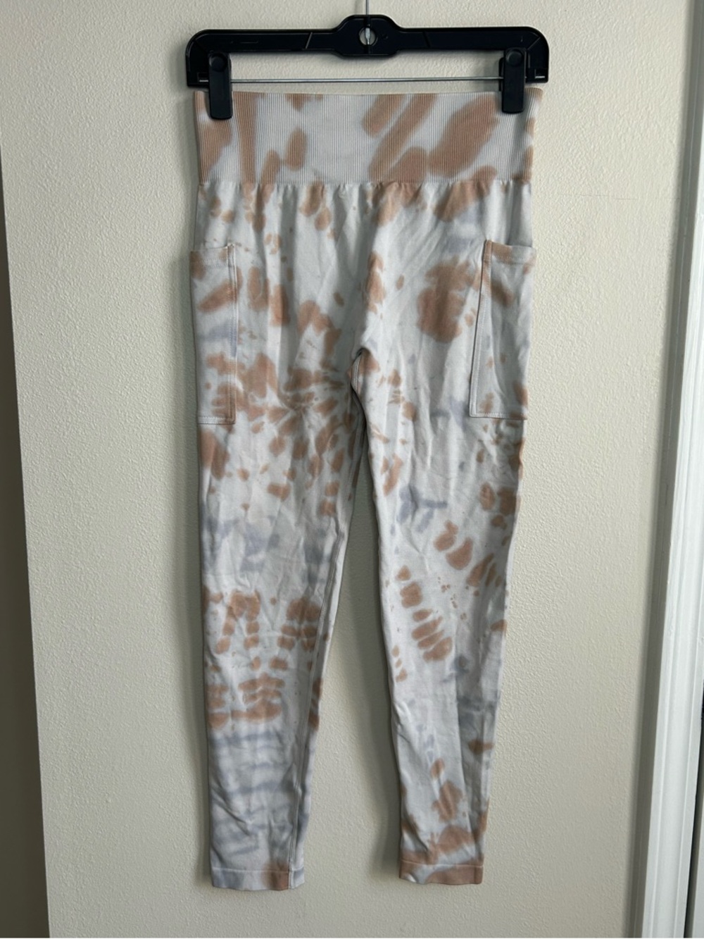 Tie Dye Grey Cream Athletic Casual Leggings Elastic High Waist Side Pockets Sz M
